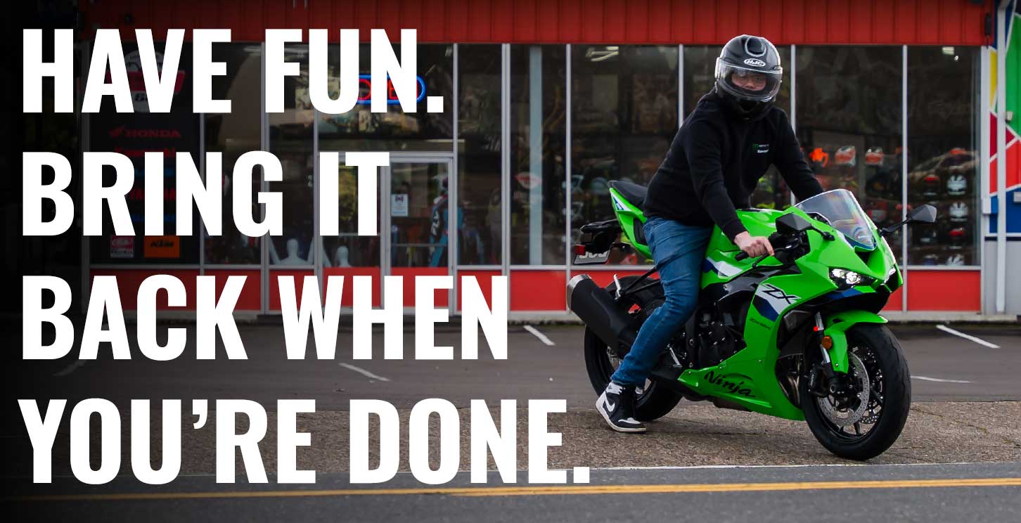 Have fun bring it back when you're done. Guy sitting on Kawasaki Ninja leaving the dealership after…